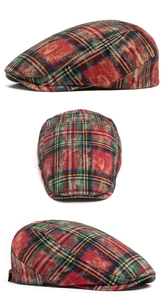 Three-angle view of vintage plaid newsboy cap featuring washed cotton and retro patterns