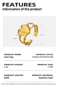 Vue détaillée de la bague cœur plaquée or 18 carats avec dimensions et spécifications