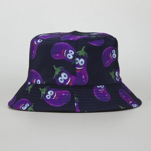 Close-up of navy bucket hat with funny purple eggplant cartoon prints and flat top