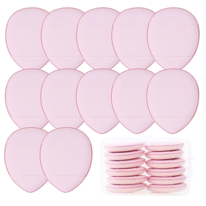 Pink finger powder puffs in droplet and round shapes with ribbons in a storage box