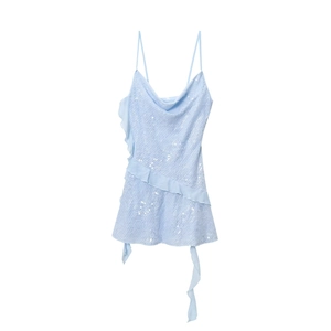 Light blue sequin mini dress with spaghetti straps and layered ruffle hem for women