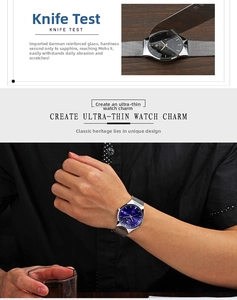 Detail of scratch-resistant Mohs 9 glass on a men's ultra-thin mesh strap watch
