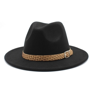 Classic black wide-brim fedora hat with brown leather woven band and metal buckle