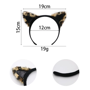 Faux fur leopard cat ear headband set with size details and material close-up