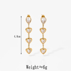 Detail view of gold stainless steel heart-shaped zircon earrings with size and weight info