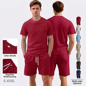 Men Waffle Knit Short Sleeve T-Shirt And Shorts Summer Casual Sportswear Breathable Lightweight Comfortable