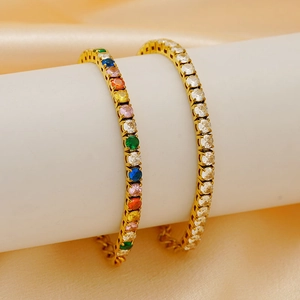 Bracelet Rivière Or 18K Plaque Acier Inoxydable Avec Zircon Cubique Coloré Arc En Ciel Bijoux Pour Femmes
