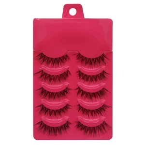 Five pairs of natural thick black false eyelashes in a pink tray on white background