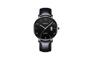 Detail view of quartz watch featuring black dial with date window and leather strap