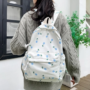 Floral Print Backpack Nylon Korean Ins Style School Bag For Women Girls Tulip Pattern Waterproof Casual Travel Daypack