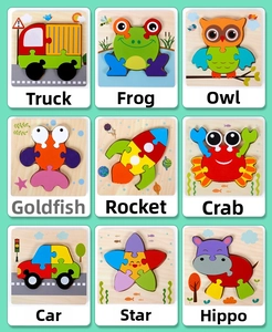 Nine-grid layout showing colorful wooden 3D animal and vehicle puzzles for kids