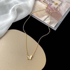Elegant 18K gold plated butterfly pendant necklace with white shell inlay on fine chain