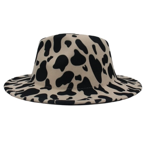 Classic cow print fedora hat in beige and black felt with a wide brim for men and women