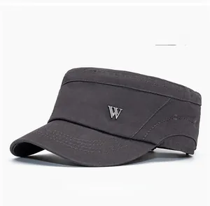 Close-up of gray cotton cadet hat featuring metal W logo and reinforced stitching details