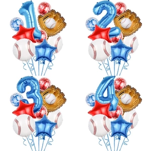 Baseball themed party balloon kit with blue numbers, glove foil, and star latex balloons