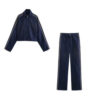 Giacca E Pantaloni In Denim Da Donna A Strisce Collo Alto Cerniera Coulisse Blu Navy Casual