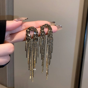 Long Tassel Dangle Earrings With Black Rhinestone Gold Tone Alloy And 925 Sterling Silver Earring Post Retro Dark Style