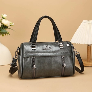 Elegant vintage grey leather tote bag with dual handles and adjustable shoulder strap