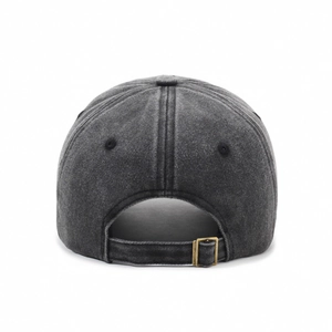 Distressed dark grey washed cotton baseball cap rear view with bronze metal buckle