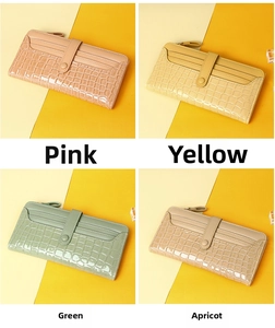Women's long wallets in pink, yellow, green and apricot with embossed crocodile texture