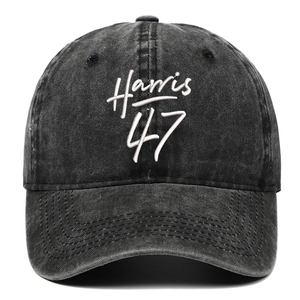 Vintage washed charcoal baseball cap with Harris 47 white embroidery in classic 6-panel style