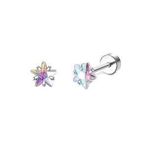 Detailed view of aurora-colored star ear studs with secure screw flat back design
