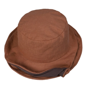 Brown linen bucket hat for women with double brim and retro sun protection style