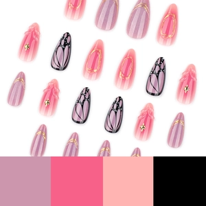 Short almond press-on nails with 3D butterfly designs and pink gradient patterns