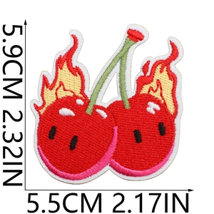 Detailed size specifications for a red cherry embroidery patch with flame design