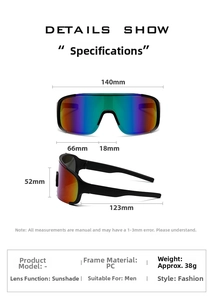 Detailed size guide for PC sports sunglasses showing bridge width and lens height dimensions