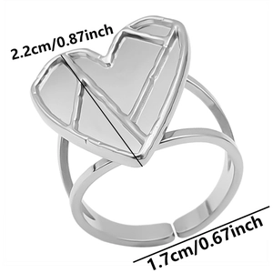 Detailed view of adjustable silver steel ring with geometric heart pattern and size measurements