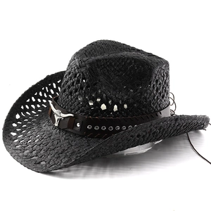 Ethnic black woven straw cowboy hat with silver bull head ornament and leather band