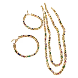 Minimalist gold necklace and bracelet set with colorful square and round zircon stones