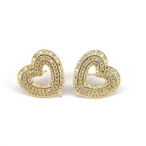 Vintage gold plated hollow heart stud earrings with sparkling pave-set zircon stones
