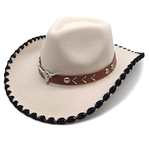 Cream western cowboy hat with longhorn skull leather band and stitched brim detailing