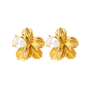 Elegant gold flower earrings with a pear-shaped crystal stone inlay for women