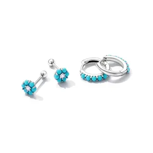 925 silver turquoise flower stud earrings and hoop set with micro zircon inlays