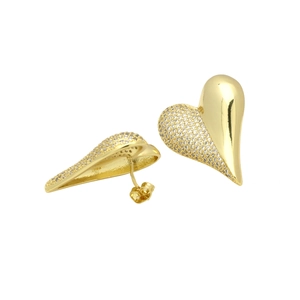 Detailed view of heart-shaped 18k gold earrings with sparkling white zircon stones
