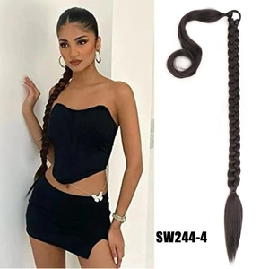 Detail of 80cm long black braided wrap-around ponytail extension with synthetic fiber texture