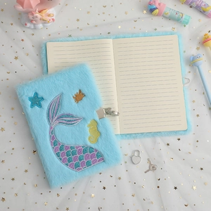 Blue plush A5 mermaid notebook set with embroidered tail and heart padlock with keys