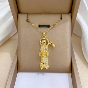 Santa Muerte Pendant Necklace Gold Tone Stainless Steel Chain Copper With Micro Pave Cubic Zirconia Gothic Hip Hop Jewelry