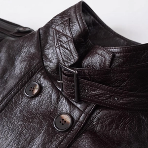 Women's dark brown PU leather jacket with high neck, double-breasted buttons, and textures