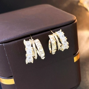 C-Shape Hoop Earrings Alloy Zircon Inlaid Geometric Multi Layered With Silver Earring Post Fashion Jewelry For Women