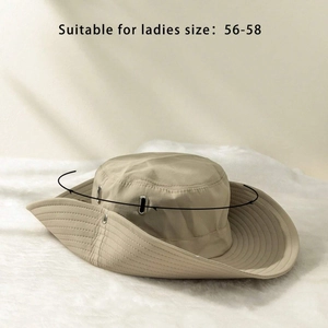 Women khaki wide brim sun hat with windproof drawstring and metal side vents for hiking
