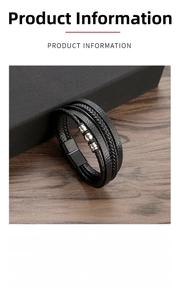 Detail of multi-layer black leather bracelet with stainless steel beads and magnetic clasp