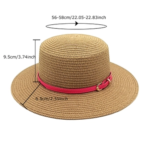 Flat top straw boater hat with pink leather belt and gold buckle for summer beach