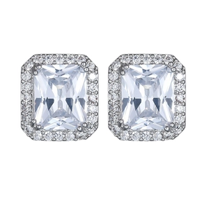 Classic silver stud earrings with emerald-cut crystals and a halo of small white diamonds