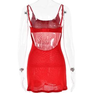 Detailed back view of a red sheer mesh backless dress showing buckle closure and fabric texture