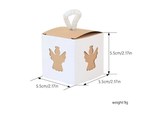 Detailed size view of square kraft paper candy box with angel cutout and white rope