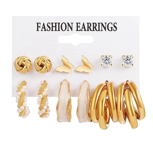 6-pair set of gold fashion earrings including butterfly studs, hoops, and pearls